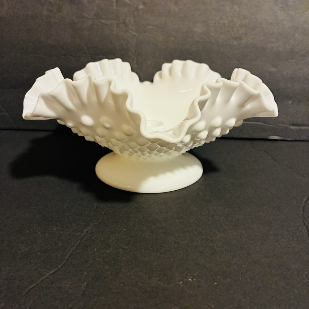 Fenton Hobnail Milk Glass Candle Holder White Ruffled Edge Vintage Decor